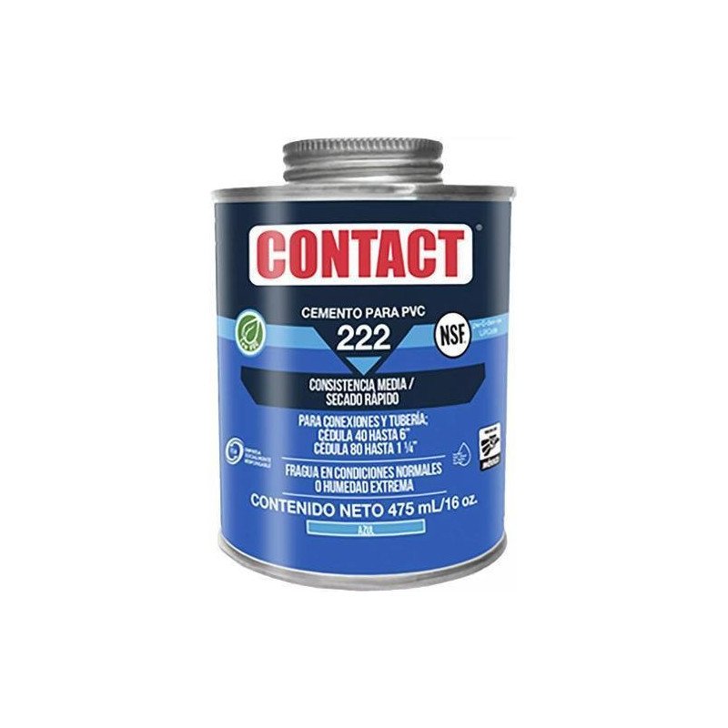 Cemento Para Pvc 475 Ml 16 Oz Azul Secado Rapido Etiqueta Azul Contact 222-Z-22203