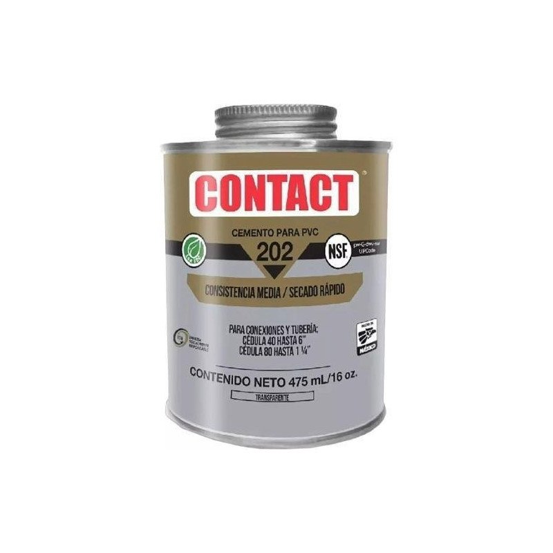 Cemento Para Pvc 475 Ml 16 Oz Transparente Etiqueta Dorada Contact 202-Z-20203 Cemento Para Pvc 475 Ml 16 Oz Transparente Etiqueta Dorada Contact 202-Z-20203